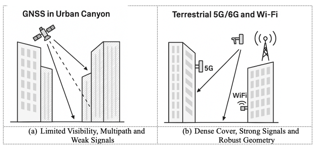 Figure 2. Comparison of GNSS and terrestrial network coverage in urban canyons.