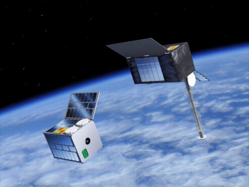 ESA’s Celeste LEO-PNT in-orbit demonstrator mission features a constellation of 11 satellites plus one spare that will fly in low Earth orbit to test innovative signals across various frequency bands. (Credit: P. Carril/ESA)