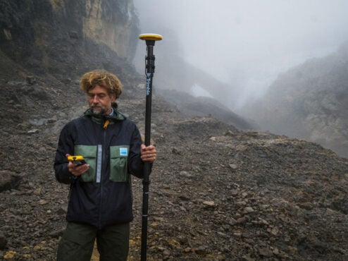 Klaus Thymann uses the Trimble Catalyst DA2 GNSS system to establish location coordinates with centimeter-level precision, allowing the team to create a highly-accurate georeferenced photogrammetry model of the glacier. (Credit: Trimble)