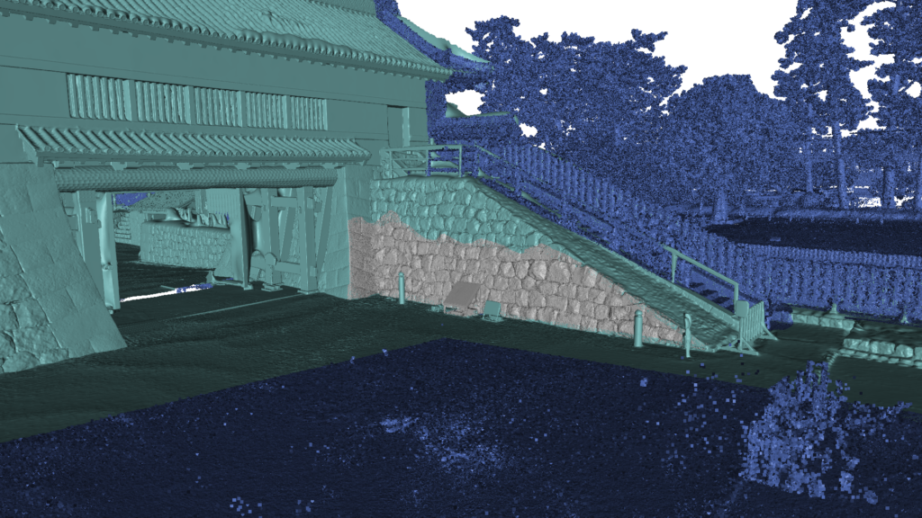 Artec Jet (dark blue), Artec Ray II (light blue), and Artec Leo (grey) point cloud data fused together for high detail on every scale. (Credit: Artec 3D).
