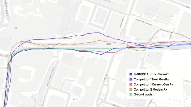 In dense urban segment, the TeseoVI and S-GNSS trace shows tighter alignment to ground truth. (Credit: Focal Point)