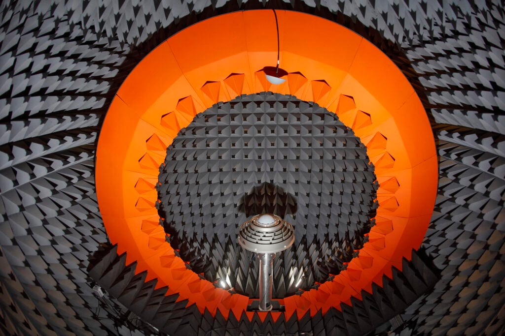 One of the anechoic chambers used to test GNSS antennas and receivers in a controlled environment. Shown is the NovAtel GNSS-750 multi-constellation wideband choke ring antenna. (Credit: Hexagon)