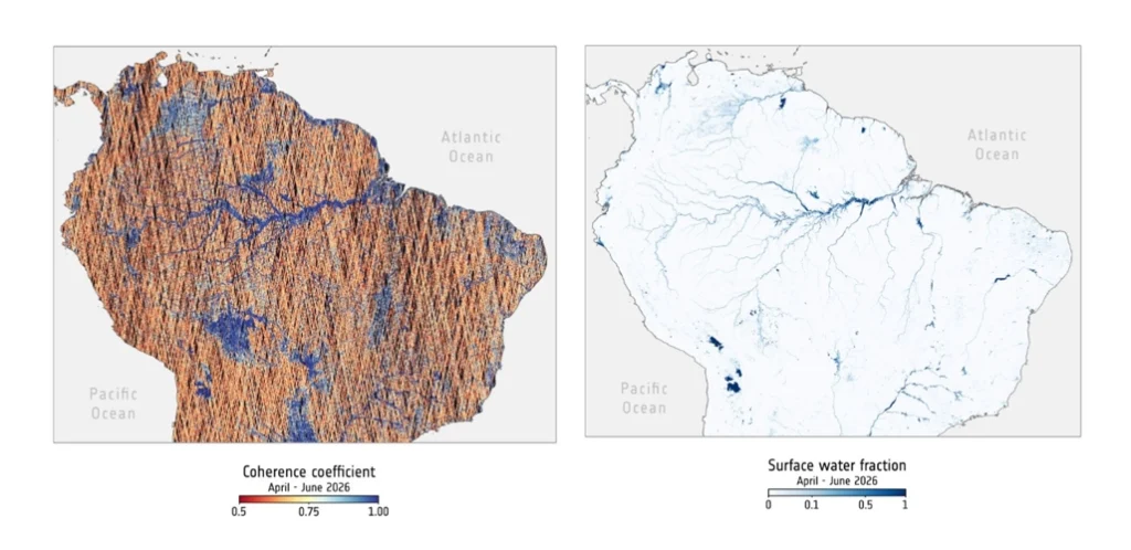 Comparison between HydroGNSS high sampling rate coherent coefficient and fraction of the HydroGNSS pixel surface covered by water, as estimated from the Global Flood Monitoring product (based on Sentinel-1 SAR images). (Credits: ICE-CSIC & IEEC)