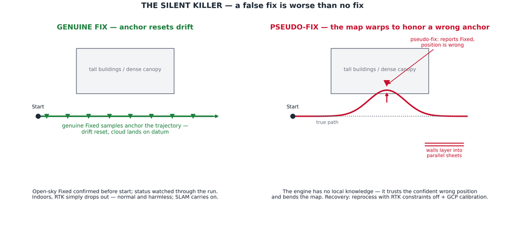 Figure 2 — The silent killer: a genuine fix resets drift and the map lands on datum; a pseudo-fix hands the engine a confident wrong anchor, and the back end warps the whole map to honor it — layered walls, a kinked trajectory, ends that will not meet.