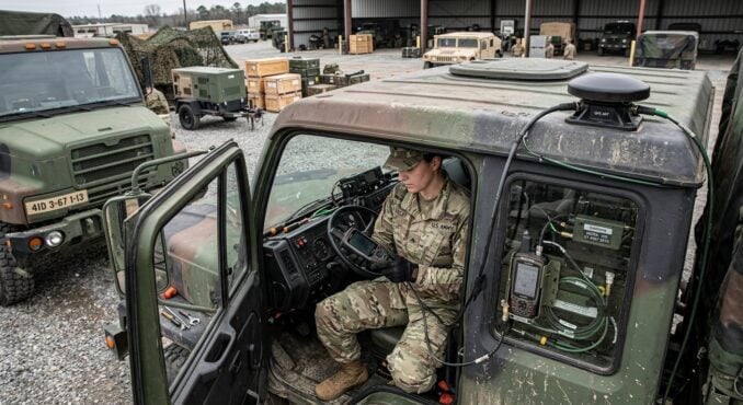 Editorial photograph of a rugged U.S. Army medium tactical vehicle in an outdoor military depot setting, with a soldier in combat uniform installing an advanced electronic navigation kit near the vehicle's dashboard and antenna mount. Show close-up technical details of a compact anti-jam GPS antenna mounted on the vehicle's exterior and a ruggedized handheld GPS/navigation device being connected via cables inside the cab.