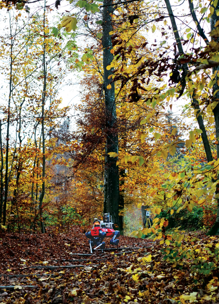 In this gnss-challenged forested environment, the total station observes the prism on the Boxi sensor payload, providing an independent position for comparative analysis. (Credit: ETH Zürich)